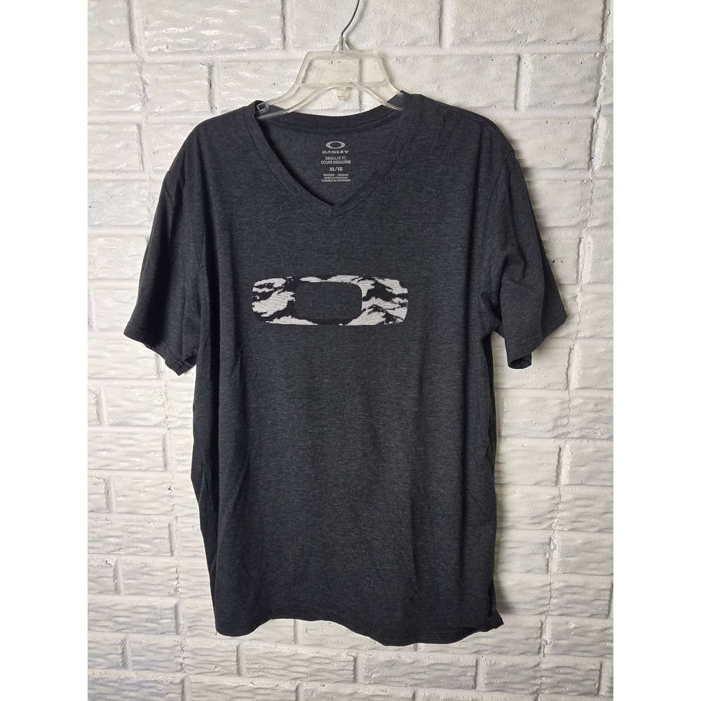 Men's size XL short sleeve T shirt OAKLEY Gray V neck Cotton blend Regular Fit